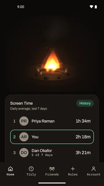 Tirly's Home tab: a campfire above a Screen Time board ranking three people by daily average over the last seven days.