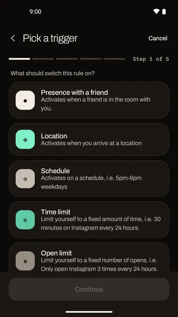The rule builder's first step, Pick a trigger, with cards for Presence with a friend, Location, Schedule, Time limit and Open limit.