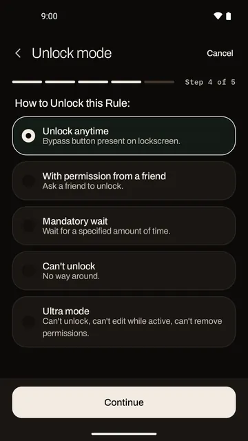 The rule builder's unlock step listing Unlock anytime, With permission from a friend, Mandatory wait, Can't unlock and Ultra mode.