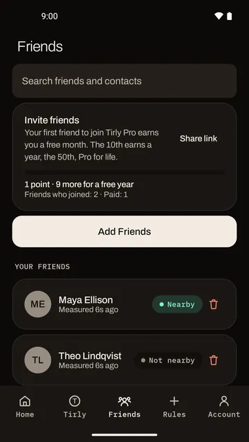 The Friends tab: an Invite friends card explaining free Pro for friends who join, an Add Friends button, and two friends, one marked Nearby and one Not nearby.
